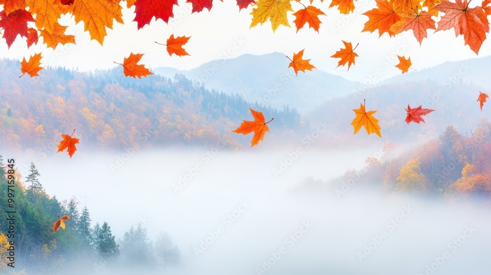 Bright orange autumn leaves float above a misty mountain landscape covered in colorful trees, creating a serene seasonal scene. Bright orange autumn leaves float above a misty mountain landscape covered in colorful trees, creating a serene seasonal scene.