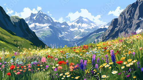 Backdrop of wildflower-filled alpine meadow with rugged peaks and clear bright sky. Alpine Meadow. Illustration photo