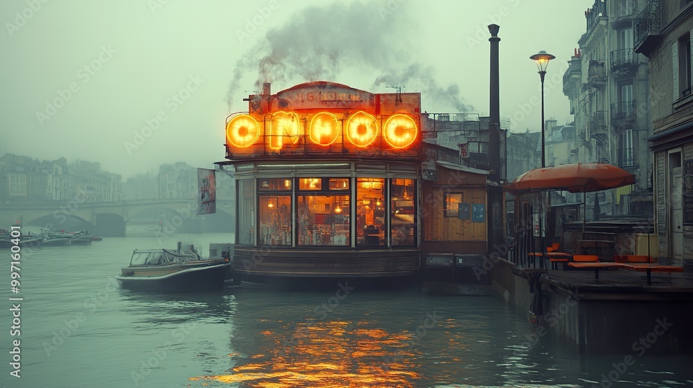 Riverside Cafe in a Foggy Cityscape Riverside Cafe in a Foggy Cityscape