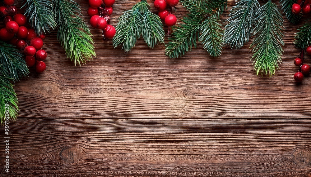 Christmas Holiday Evergreen Branches and Red Berries Over Wood Background. Generated image Christmas Holiday Evergreen Branches and Red Berries Over Wood Background. Generated image