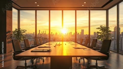 Stunning Sunset View from Modern Office Boardroom photo