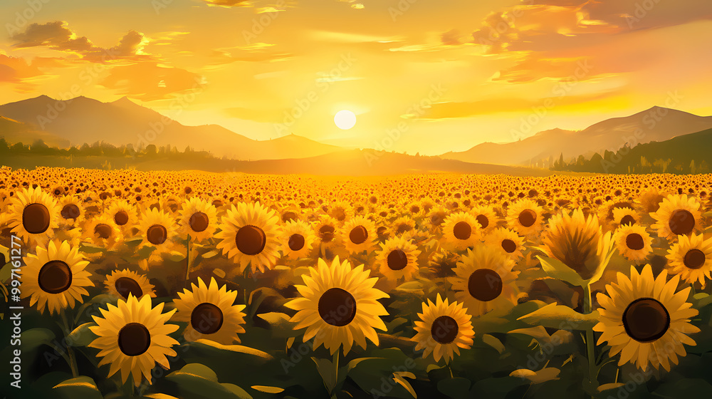 Fototapeta premium Blooming sunflowers field at sunrise. Golden Fields. Illustration