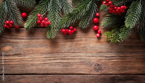 Christmas Holiday Evergreen Branches and Red Berries Over Wood Background. Generated image
