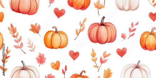 A vibrant and festive pattern featuring pumpkins, hearts, and leaves in autumnal colors. perfect for use in a variety of design projects, including greeting cards,