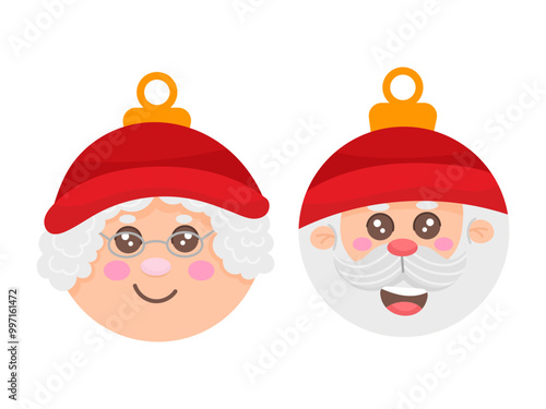 Set of two Christmas tree toys for Christmas tree decorations. Santa Claus and Mrs. Claus illustration flat