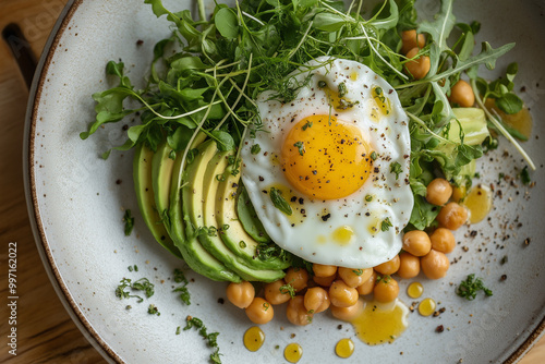 A deconstructed salad elegantly arranged on a large ceramic plate, featuring microgreens, avocado slices, soft poached eggs, and roasted chickpeas, with splashes of dressing and herbs for a gourmet  photo