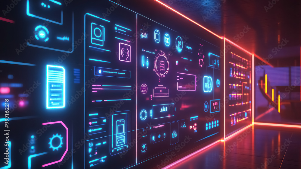 cyber command center with digital control panels in neon red cyber command center with digital control panels in neon red
