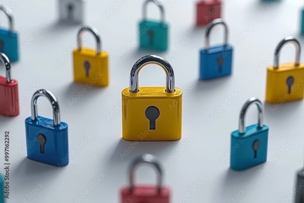 Pattern of small yellow lock icons displayed on a reflective surface symbolizing secure data encrypted information and privacy protection in a modern tech inspired layout Pattern of small yellow lock icons displayed on a reflective surface symbolizing secure data encrypted information and privacy protection in a modern tech inspired layout