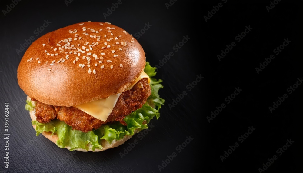 An overhead view of a hamburger on a black background, featuring space for text An overhead view of a hamburger on a black background, featuring space for text