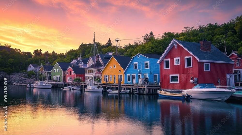 Quaint seaside village featuring bright, colorful houses, overlooking a peaceful harbor at sunset. Quaint seaside village featuring bright, colorful houses, overlooking a peaceful harbor at sunset.