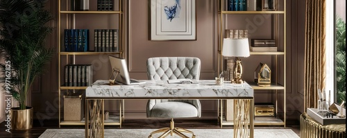 A decadent home office with a marble desk, gold bookshelves, and a velvet executive chair Designed for luxurious productivity and high-end business dealings