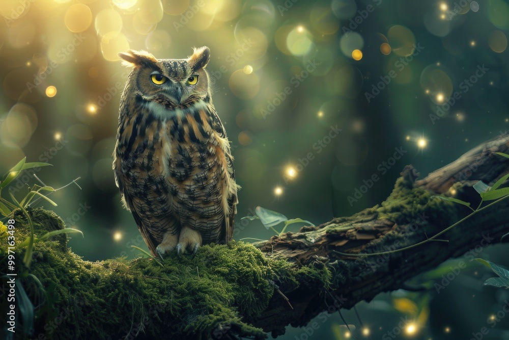An old, wise owl perched on a moss-covered branch in a mystical forest during twilight, with soft glowing lights floating around. An old, wise owl perched on a moss-covered branch in a mystical forest during twilight, with soft glowing lights floating around.