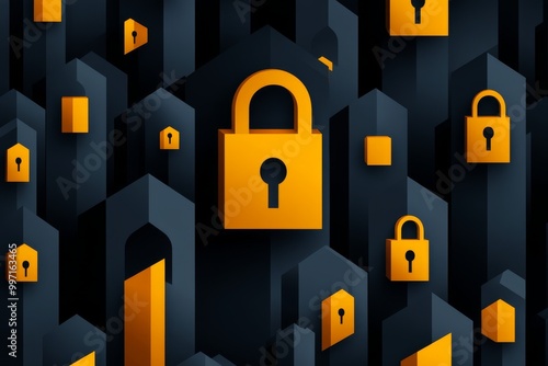 Yellow lock icon displayed on a dark abstract 3D landscape of vertical buildings symbolizing secure data encrypted connections and online privacy in a tech centric environment photo