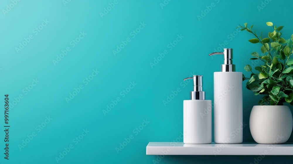 Minimalist Skin Care Bottles on Teal Background Minimalist Skin Care Bottles on Teal Background
