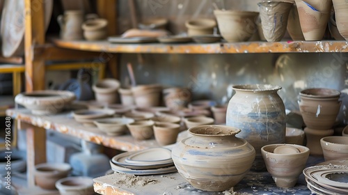 A pottery workshop with various clay pots and dishes displayed on wooden shelves.