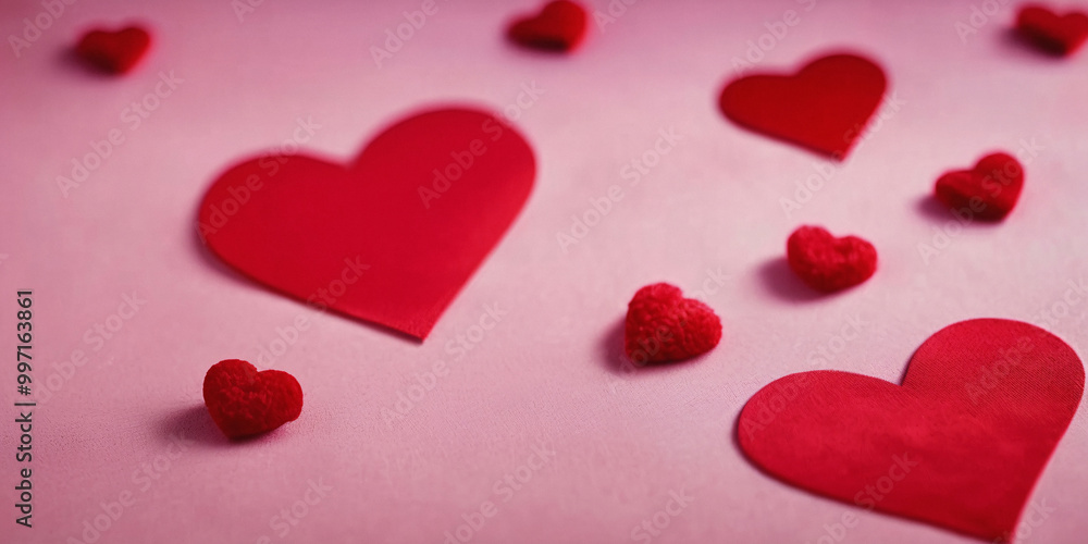 Red Hearts Scattered On Pink Background Valentine's Day Love Red Hearts Scattered On Pink Background Valentine's Day Love