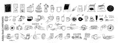 Seamless pattern of hand drawn coffee theme elements in doodle style. Mug in hands. Vector illustration EPS10. Isolated on white background