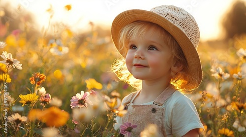 A toddler in a straw hat smiles in a field of wildflowers at sunset.