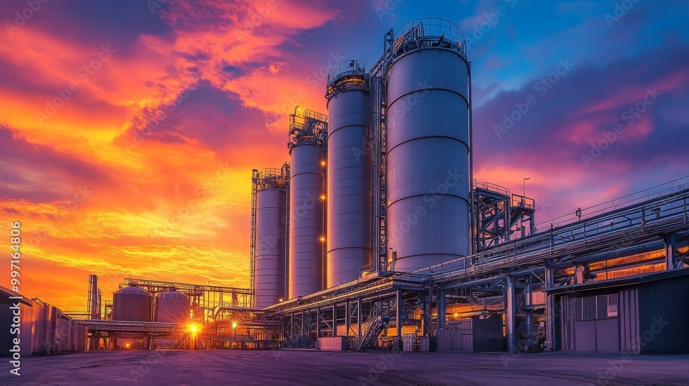 A striking sunset casts an orange glow over a modern industrial facility, showcasing large silos and machinery silhouetted against the colorful sky A striking sunset casts an orange glow over a modern industrial facility, showcasing large silos and machinery silhouetted against the colorful sky