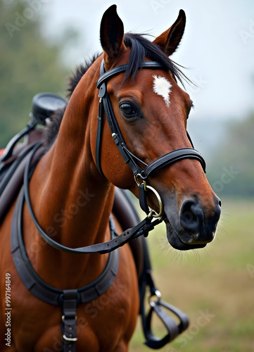 a vertical close up portrait of a purebred brown horse equine