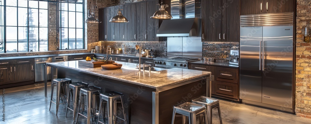 A gourmet industrial kitchen with dark wood cabinets, stainless steel counters, and an island topped with polished stone, surrounded by high metal stools A gourmet industrial kitchen with dark wood cabinets, stainless steel counters, and an island topped with polished stone, surrounded by high metal stools
