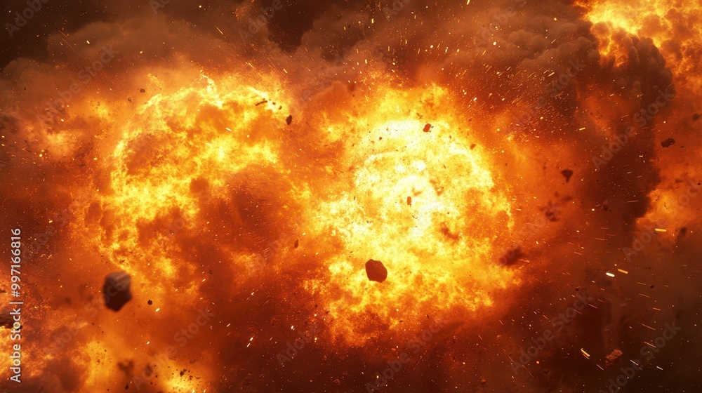 A massive explosion with a fiery blast in the sky, sending debris and intense energy outward. Concept: Destruction and power. A massive explosion with a fiery blast in the sky, sending debris and intense energy outward. Concept: Destruction and power.