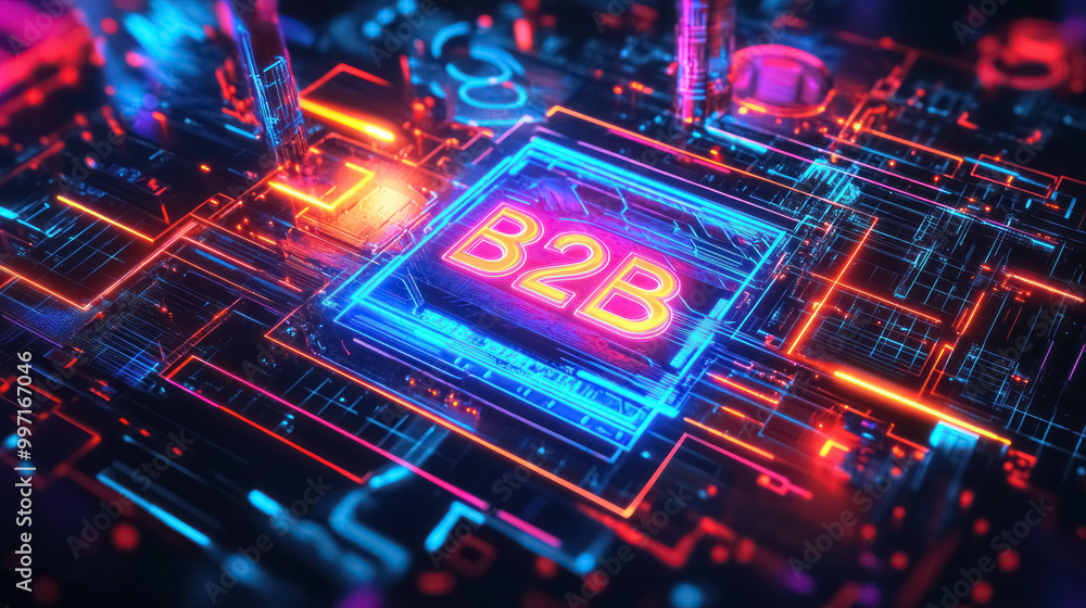 b2b digital interface with neon glowing lines on circuit board b2b digital interface with neon glowing lines on circuit board