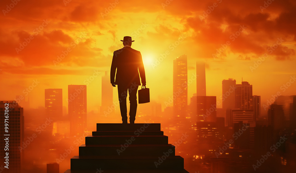 Businessman Climbing Stairs Towards Success at Sunrise design Businessman Climbing Stairs Towards Success at Sunrise design