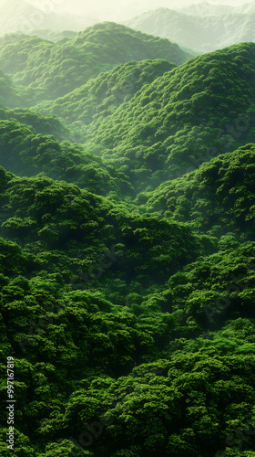 Green dense forest in the mountains, hills, mobile phone wallpaper background backdrop