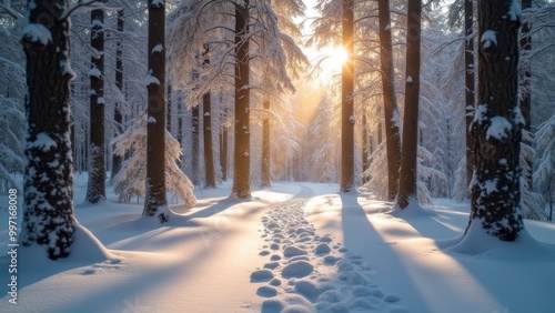 Generative AI, a snowy path in a forest with the sun shining through the trees and snow on the ground and the trees are covered in snow, winter, a photo, magical realism 