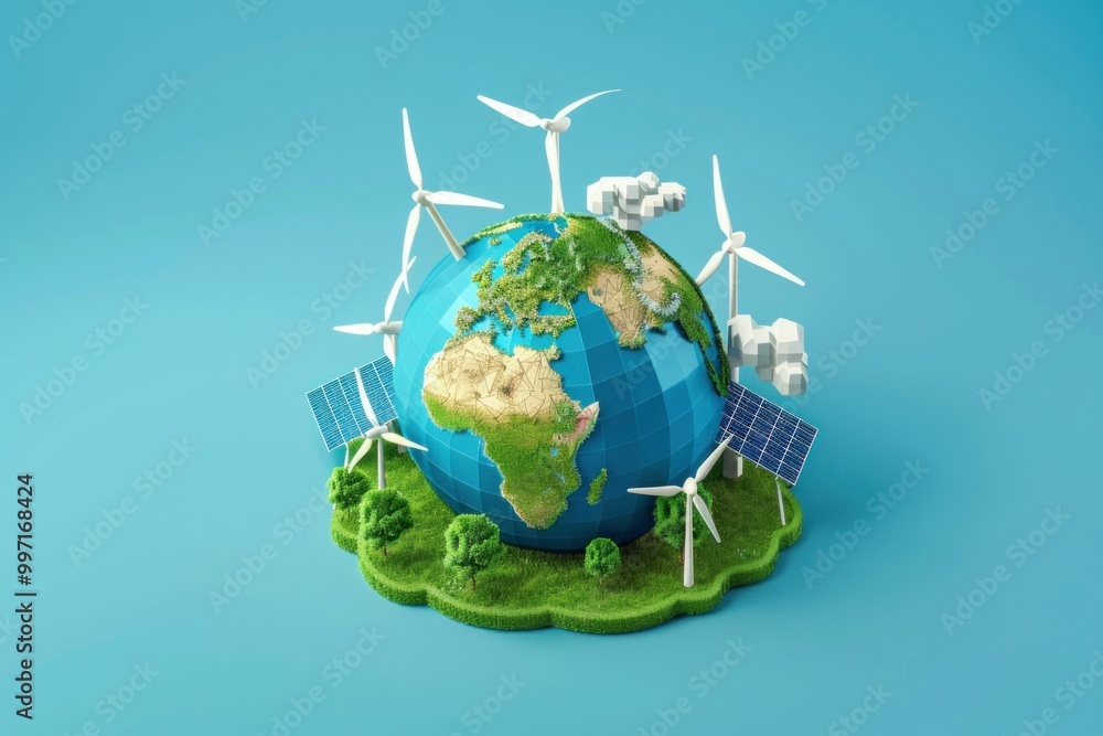 Eco friendly globe with renewable energy sources including wind turbines and solar panels on a light blue background, symbolizing sustainable development and environmental protection Eco friendly globe with renewable energy sources including wind turbines and solar panels on a light blue background, symbolizing sustainable development and environmental protection