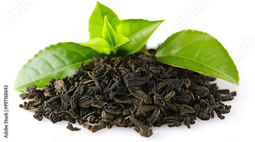Isolated loose tea and green tea leaves on a plain white background