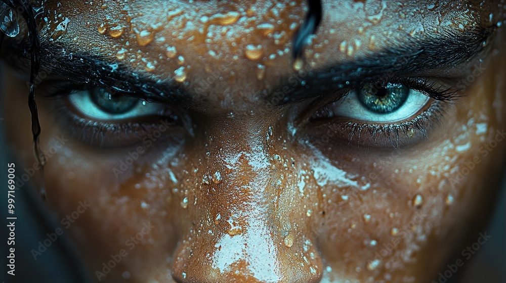 Close Up Portrait of a Man's Face Covered in Water Drops Close Up Portrait of a Man's Face Covered in Water Drops