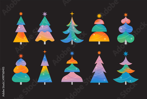Modern Christmas Tree collection. Modern style, gradient color, minimalist trees. Colorful vibrant concept design