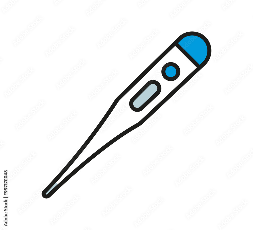 Electronic Thermometer. Color icon outline. Body temperature meter symbol. Medical doctor device sign. Disease indicator. Measuring fever. First aid. Isolated on white background. Vector illustration Electronic Thermometer. Color icon outline. Body temperature meter symbol. Medical doctor device sign. Disease indicator. Measuring fever. First aid. Isolated on white background. Vector illustration