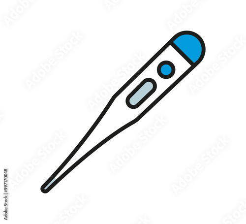 Electronic Thermometer. Color icon outline. Body temperature meter symbol. Medical doctor device sign. Disease indicator. Measuring fever. First aid. Isolated on white background. Vector illustration