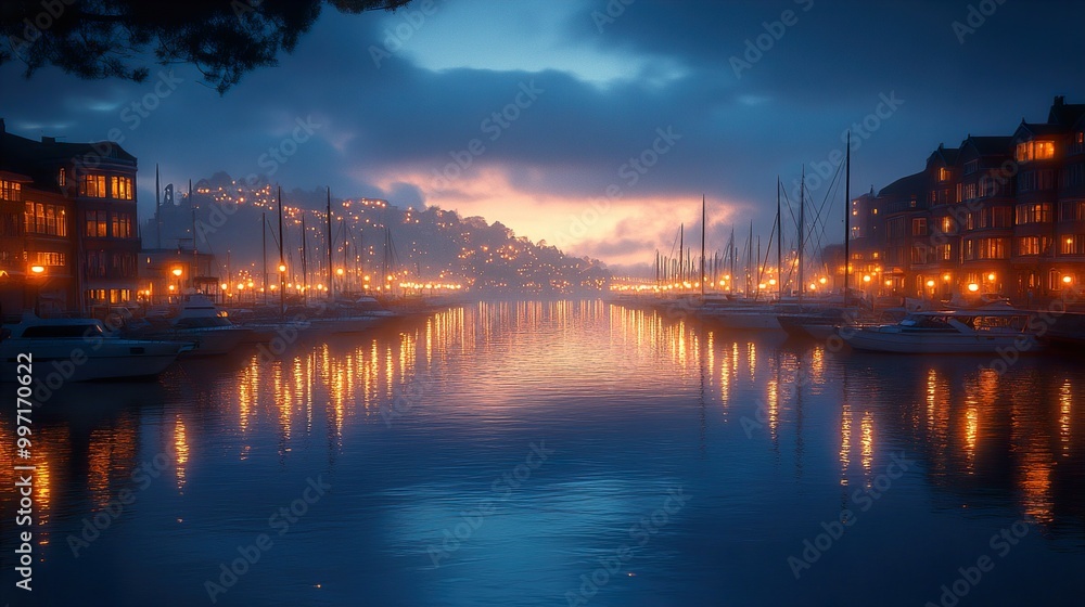 Serene Harbor at Dusk: City Lights Reflecting on Calm Waters Serene Harbor at Dusk: City Lights Reflecting on Calm Waters
