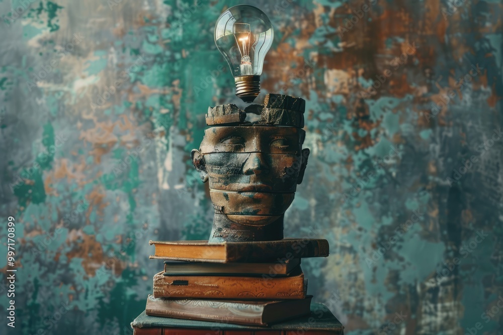 A head with a stack of books and a light bulb as a metaphor for a new idea. Artistic collage. A head with a stack of books and a light bulb as a metaphor for a new idea. Artistic collage.
