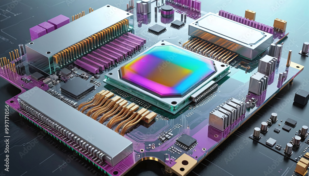 Illustrative color illustration of a close-up of a computer processor or printed circuit board with a high performance chip for fast calculation of binary processes Illustrative color illustration of a close-up of a computer processor or printed circuit board with a high performance chip for fast calculation of binary processes