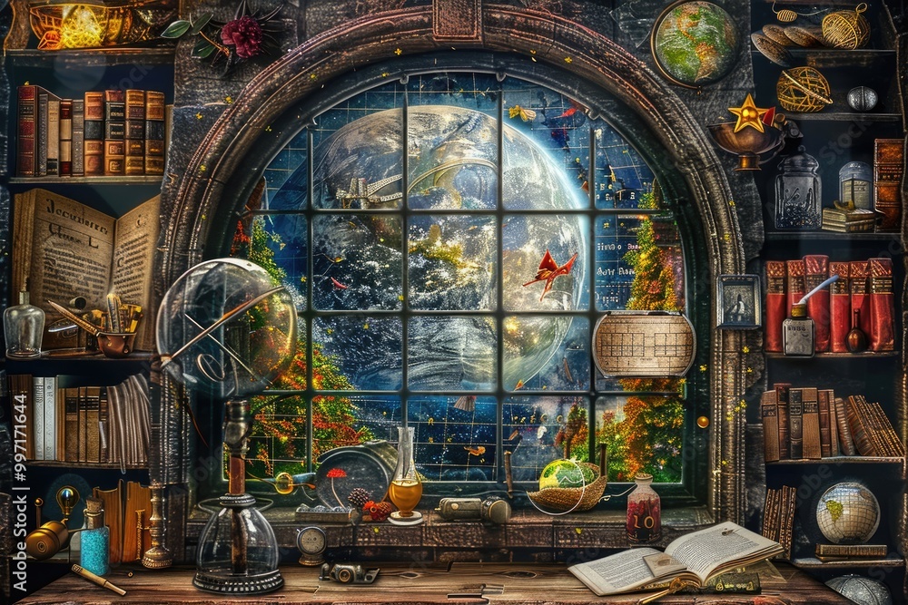 Education as a window to new discoveries and scientific inventions. Art collage. Education as a window to new discoveries and scientific inventions. Art collage.