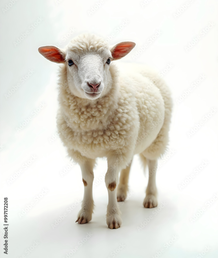 Fototapeta premium close up of a sheep lamp with white wool, isolated on a white background