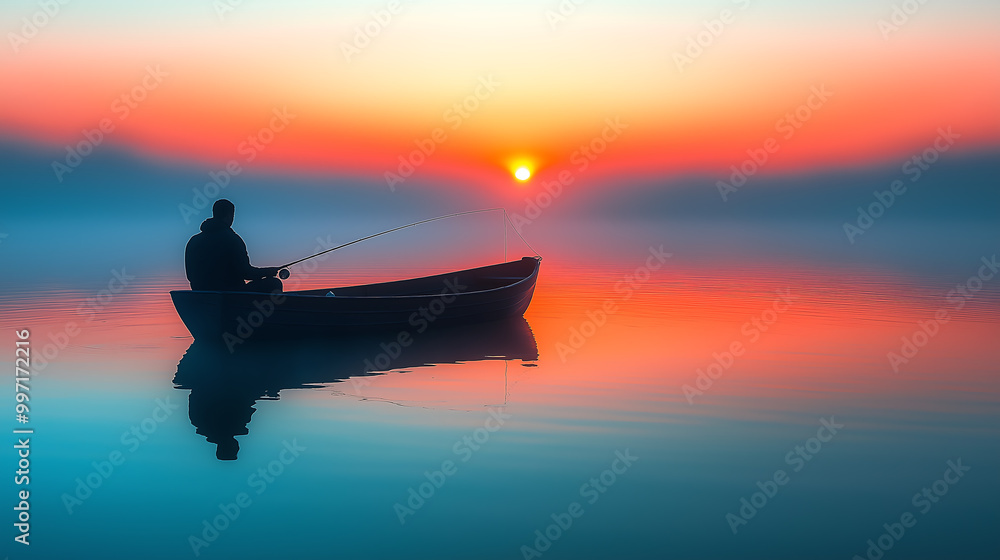 The silhouette of the fishing boat casting a long shadow on a calm sea or lake at sunset. Fishing wallpaper, background, backdrop. The silhouette of the fishing boat casting a long shadow on a calm sea or lake at sunset. Fishing wallpaper, background, backdrop.