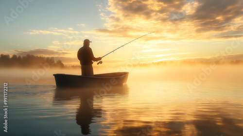 The silhouette of the fishing boat casting a long shadow on a calm lake at sunset. Serene fishing wallpaper, background, backdrop.