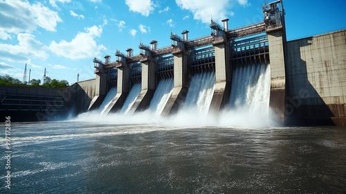 A massive dam with water cascading over the dam. Massive hydro electric dam.