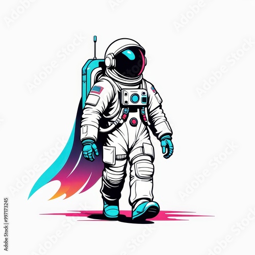 A stylized astronaut walking with a colorful cape, symbolizing exploration and adventure.