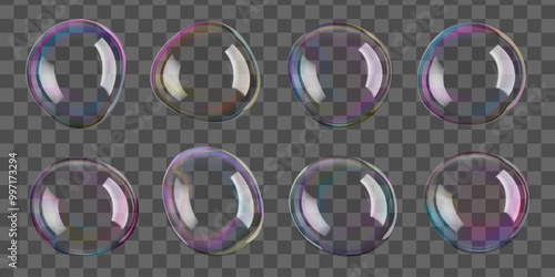 Soap bubbles float 3D on pink water background. Glossy translucent rainbow-colored serum gel drops. Light collagen face purifier hyaluronic smudge droplet. Fizz drinks, magic ball luxury glass effect.