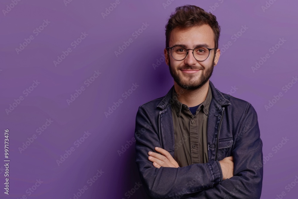 Confident young businessman in glasses and suit smiling at camera.
