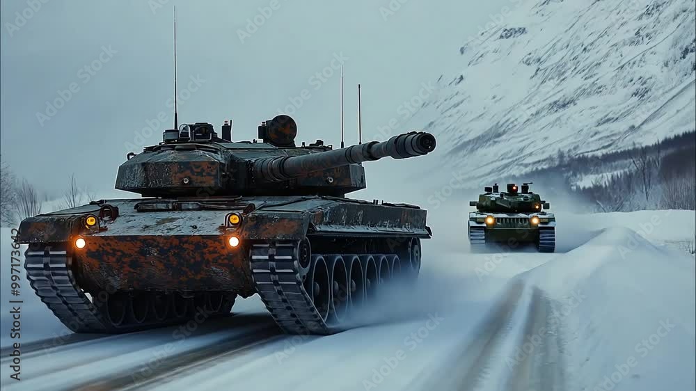 Two tanks move along a snowy road in the mountains Two tanks move along a snowy road in the mountains
