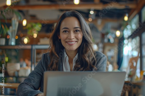 Happy young business woman at desk teaching online classes.