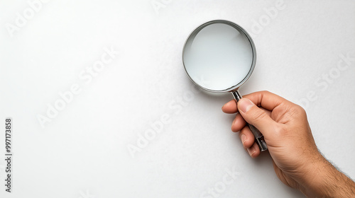 Hand holds magnifying glass for close-up inspection, research, and searching for information
